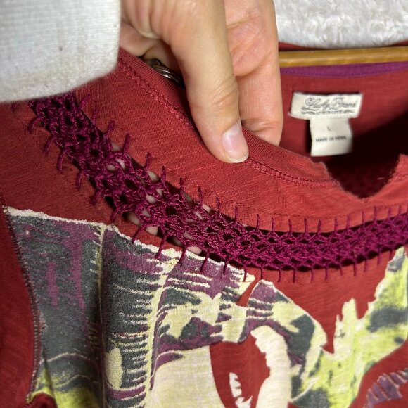 Lucky Brand Women’s Large Maroon Blouse with Lace Scoop Neck Detailing - Picture 3 of 10